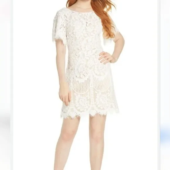 Entro White Beige Lace Short Sleeve Dress Size Small - Picture 2 of 11
